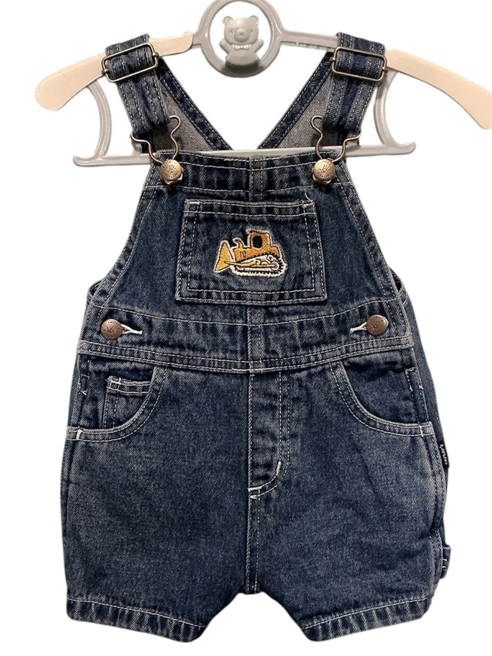 Vintage Carter's Blue Denim Short Overalls with Excavator Patch